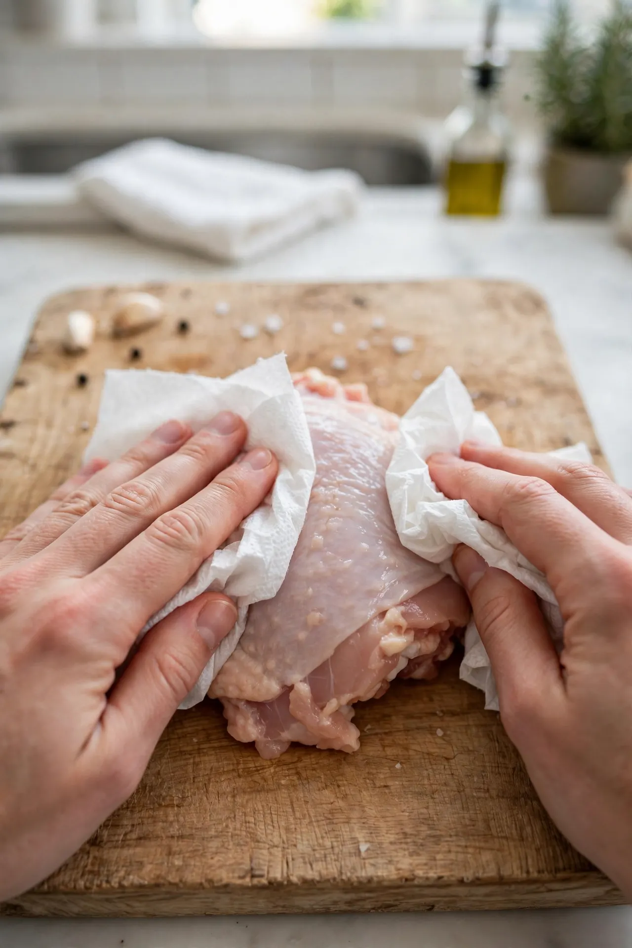 Chicken thighs being patted dry with paper towels before searing — early step in making teriyaki chicken