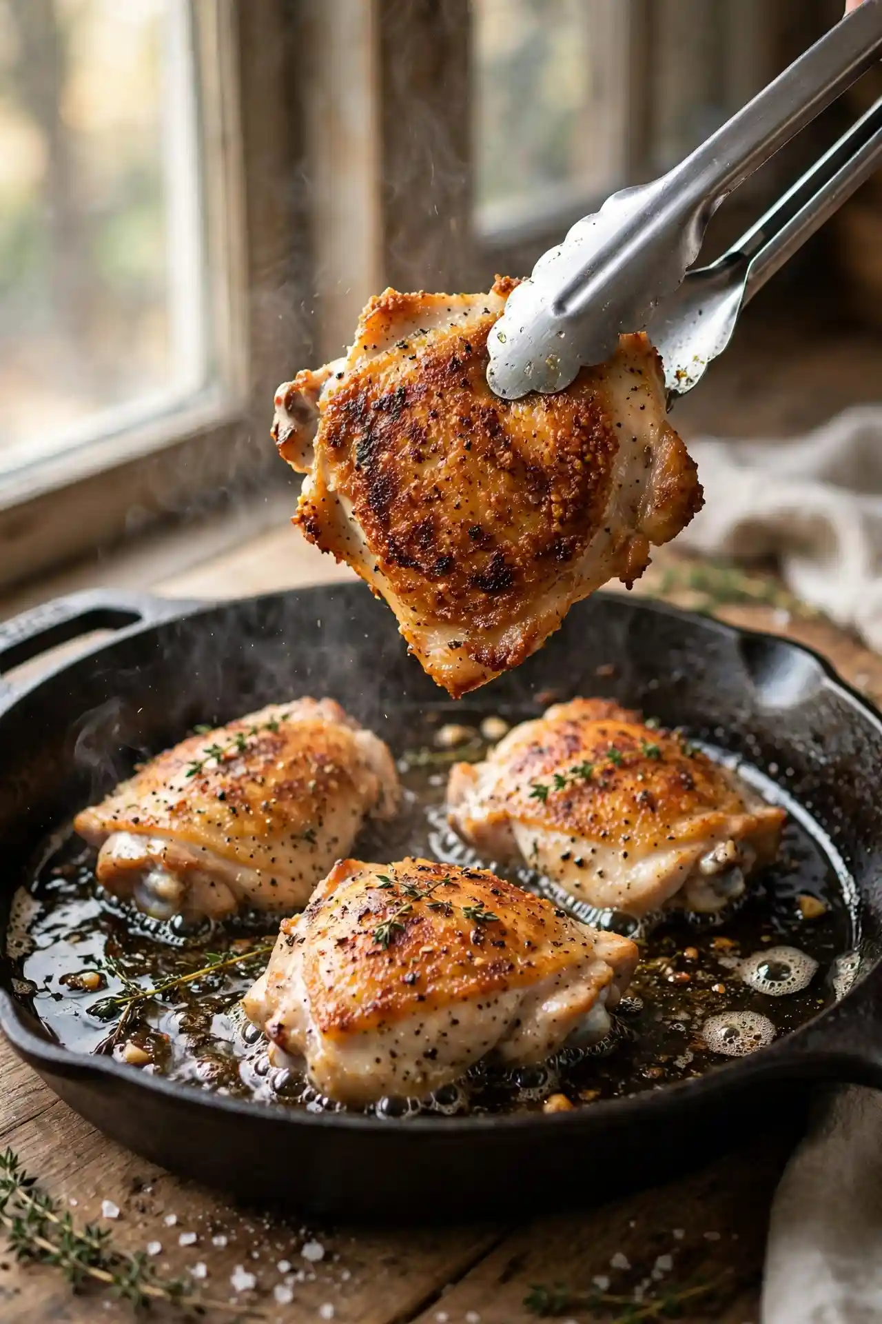 Chicken thighs in cast-iron skillet being flipped with tongs, showing golden-brown crust — midpoint step in making teriyaki chicken