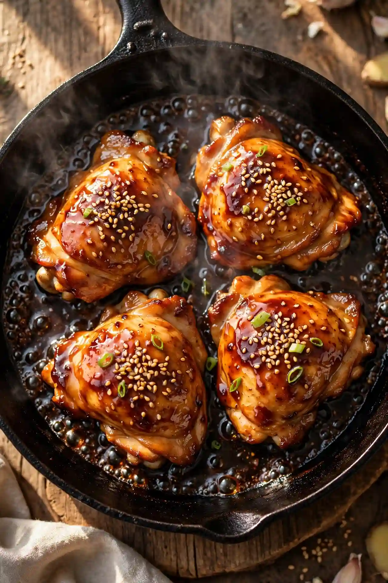 Glazed teriyaki chicken thighs in skillet with sticky caramelized sauce, sesame seeds on top — final step before serving