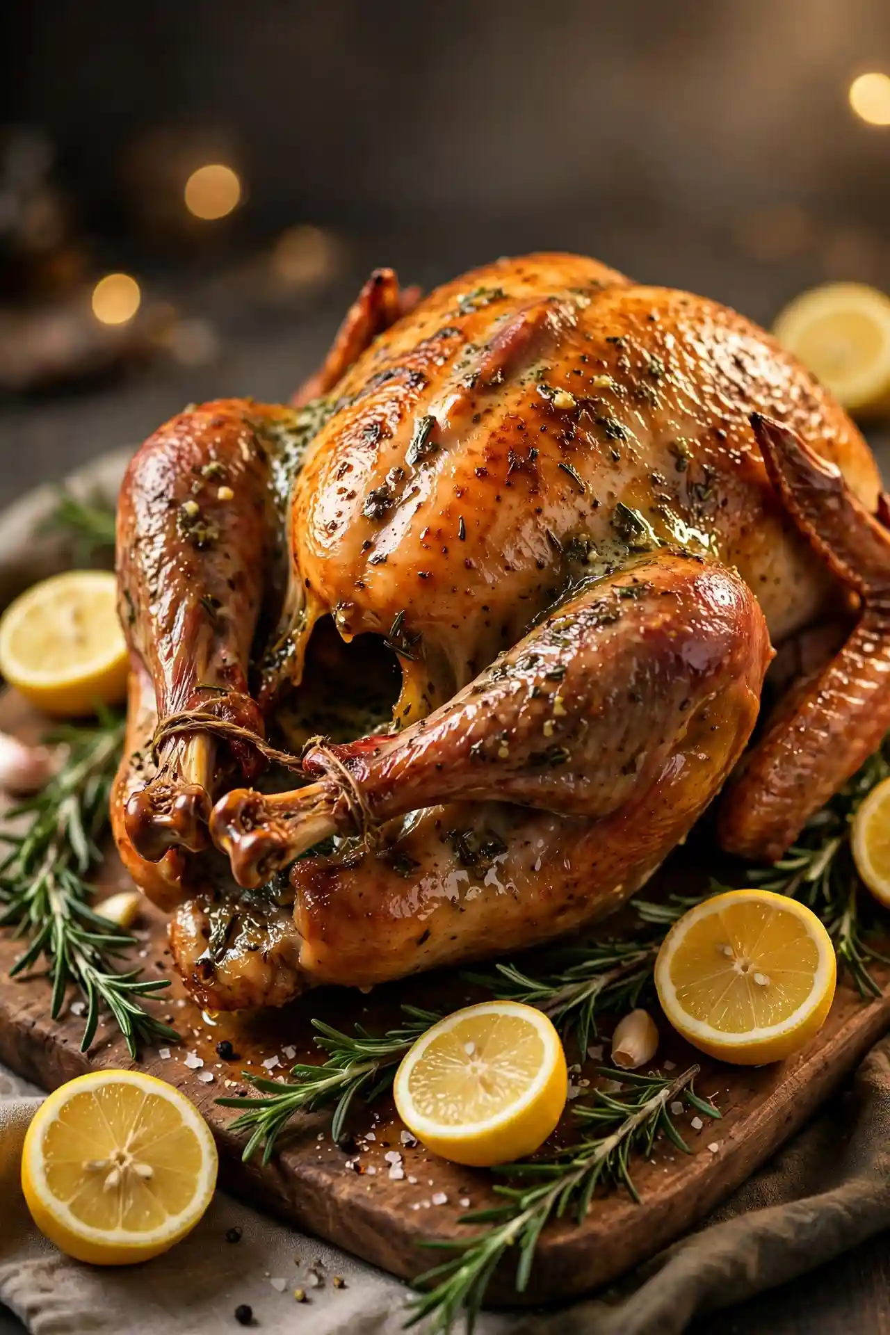 Roast turkey with herb butter on a wooden board — centerpiece thanksgiving recipe for a holiday dinner