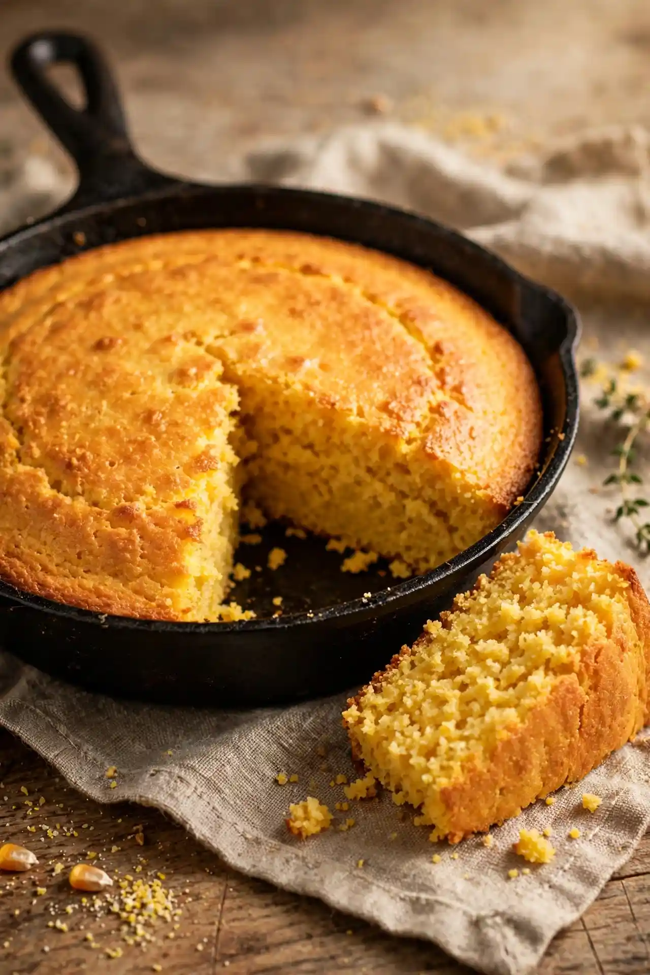 Homemade cornbread in a cast-iron skillet — classic Thanksgiving bread recipe