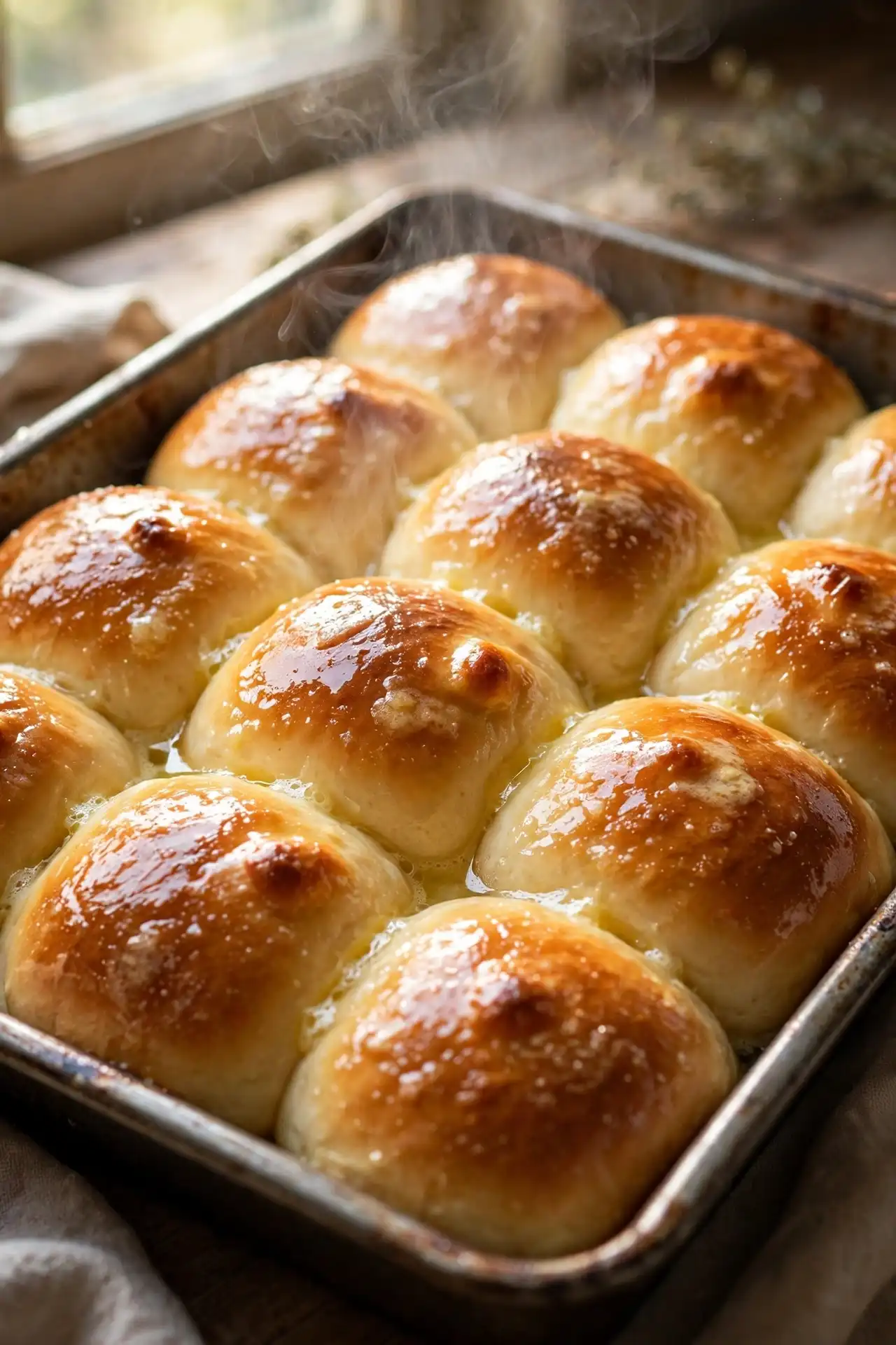 Buttery dinner rolls in a baking pan — soft homemade rolls for Thanksgiving dinner