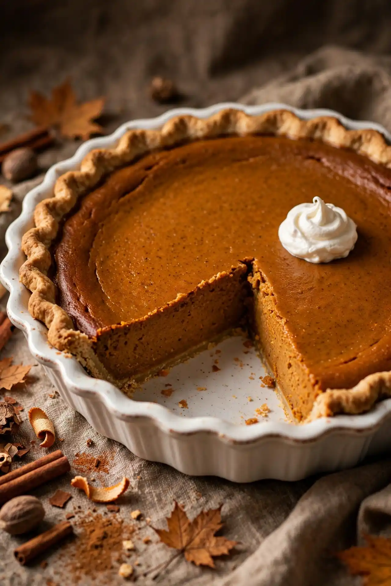 Classic pumpkin pie with a slice removed — traditional Thanksgiving dessert recipe