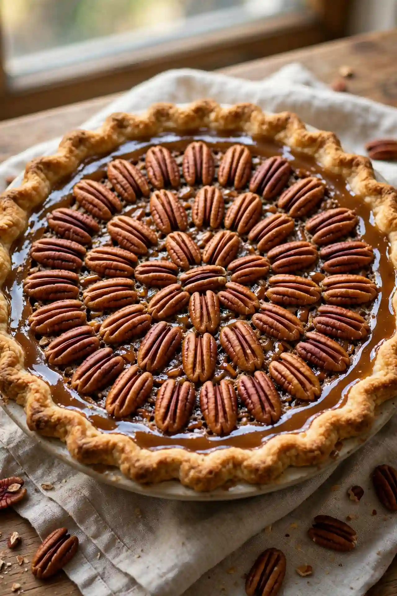 Homemade pecan pie with whole pecans on top — classic Thanksgiving pie recipe