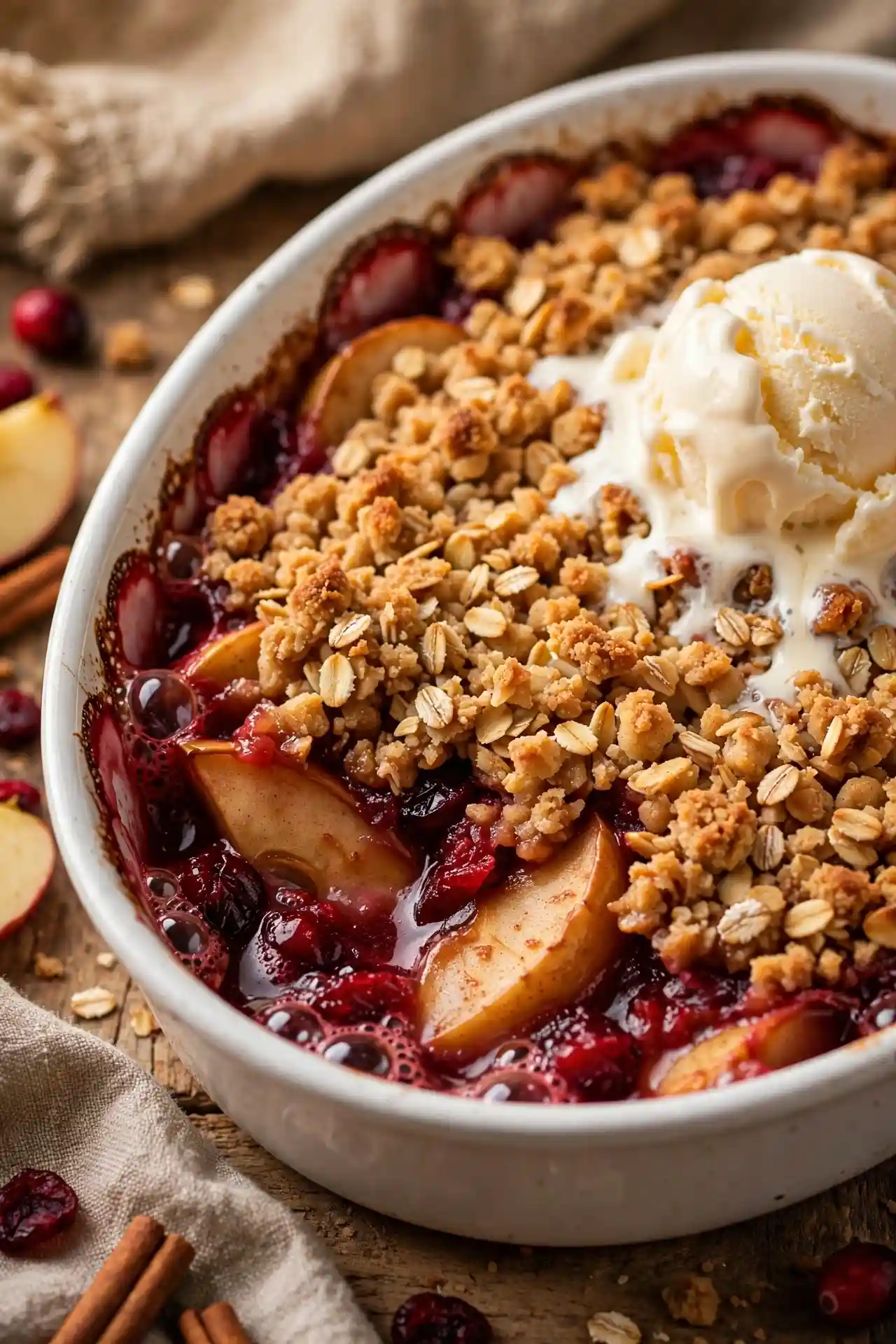 Apple cranberry crisp with oat topping and a scoop of ice cream — easy Thanksgiving dessert recipe