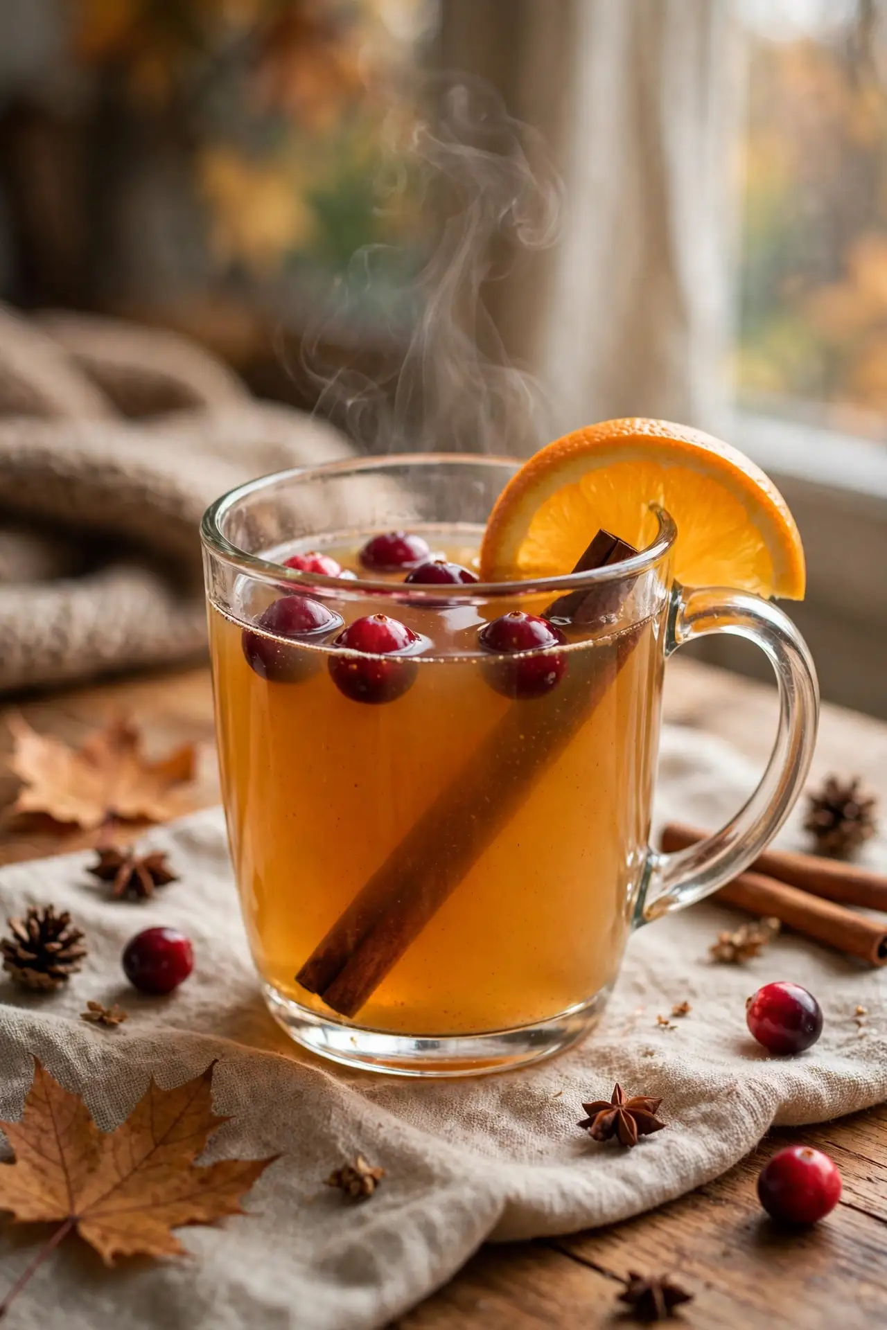 Warm spiced apple cider in a glass mug with cinnamon stick — easy Thanksgiving drink recipe