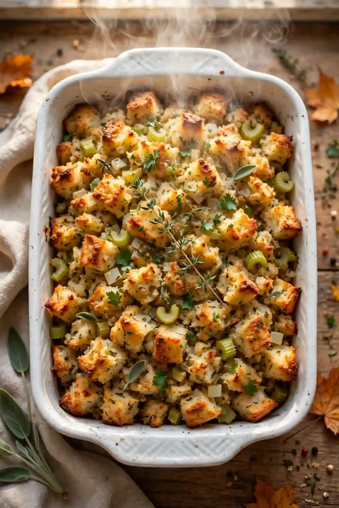 Classic bread stuffing in a baking dish — traditional Thanksgiving side dish recipe
