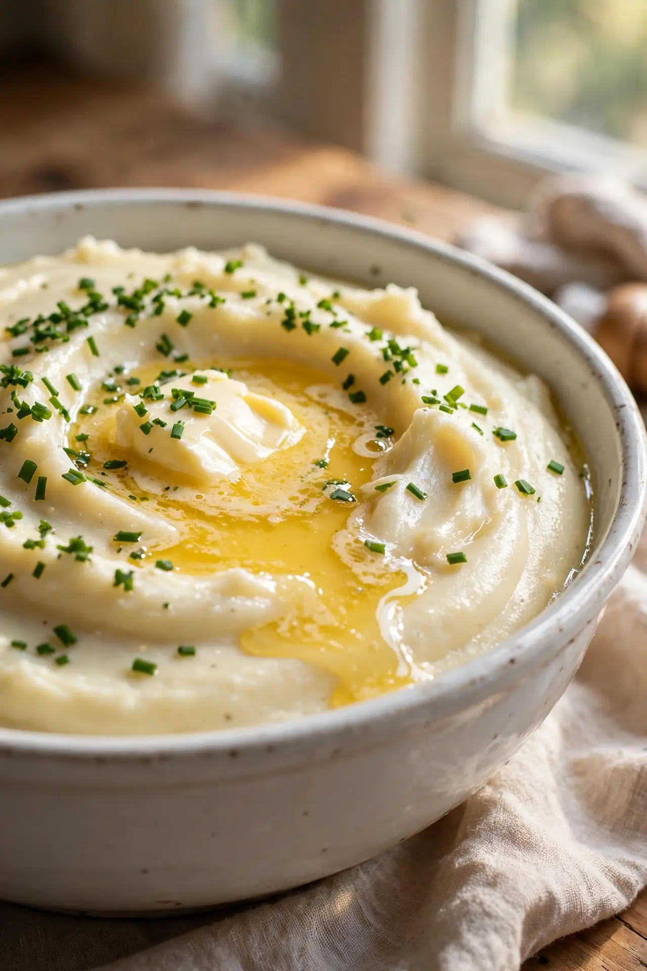 Creamy mashed potatoes with butter and chives in a white bowl — classic Thanksgiving side dish