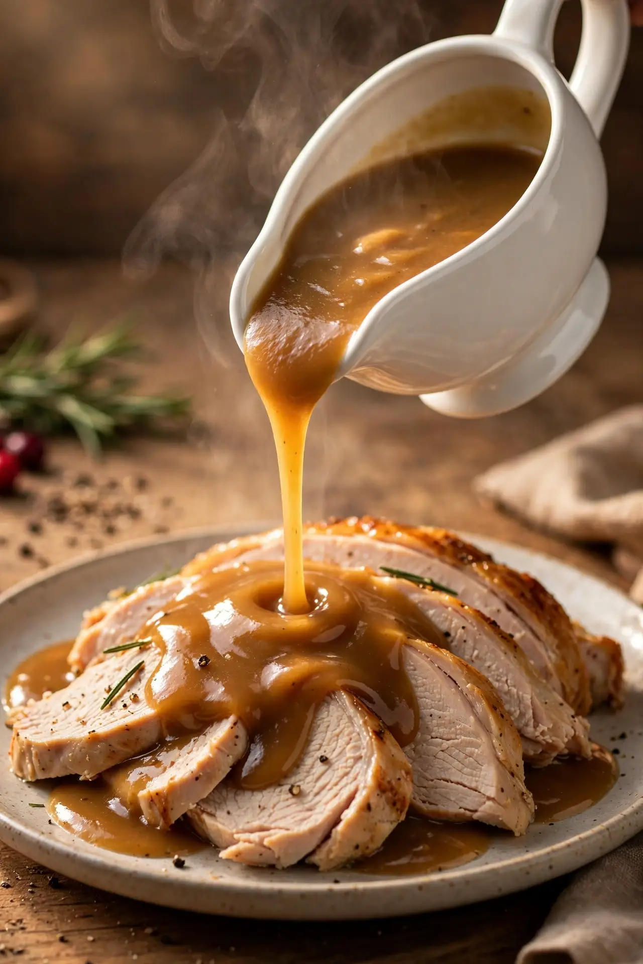 Homemade turkey gravy poured over sliced turkey — easy Thanksgiving gravy recipe made from drippings