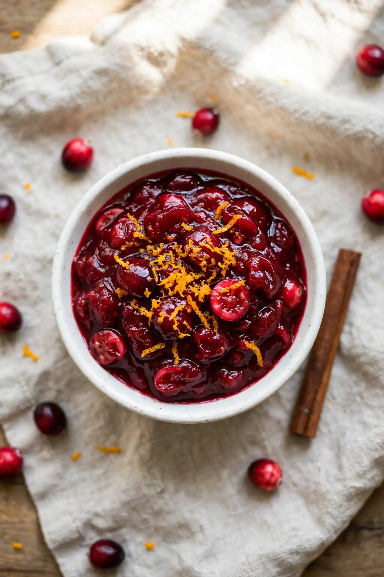 Fresh homemade cranberry sauce in a white bowl — easy Thanksgiving cranberry sauce recipe with orange zest