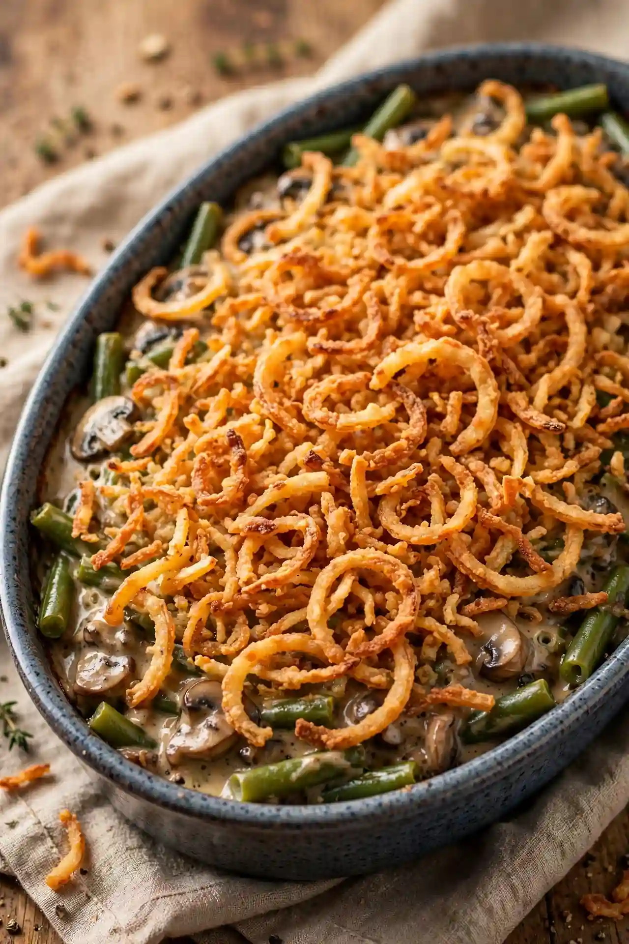 Green bean casserole with crispy onion topping — homemade Thanksgiving side dish recipe
