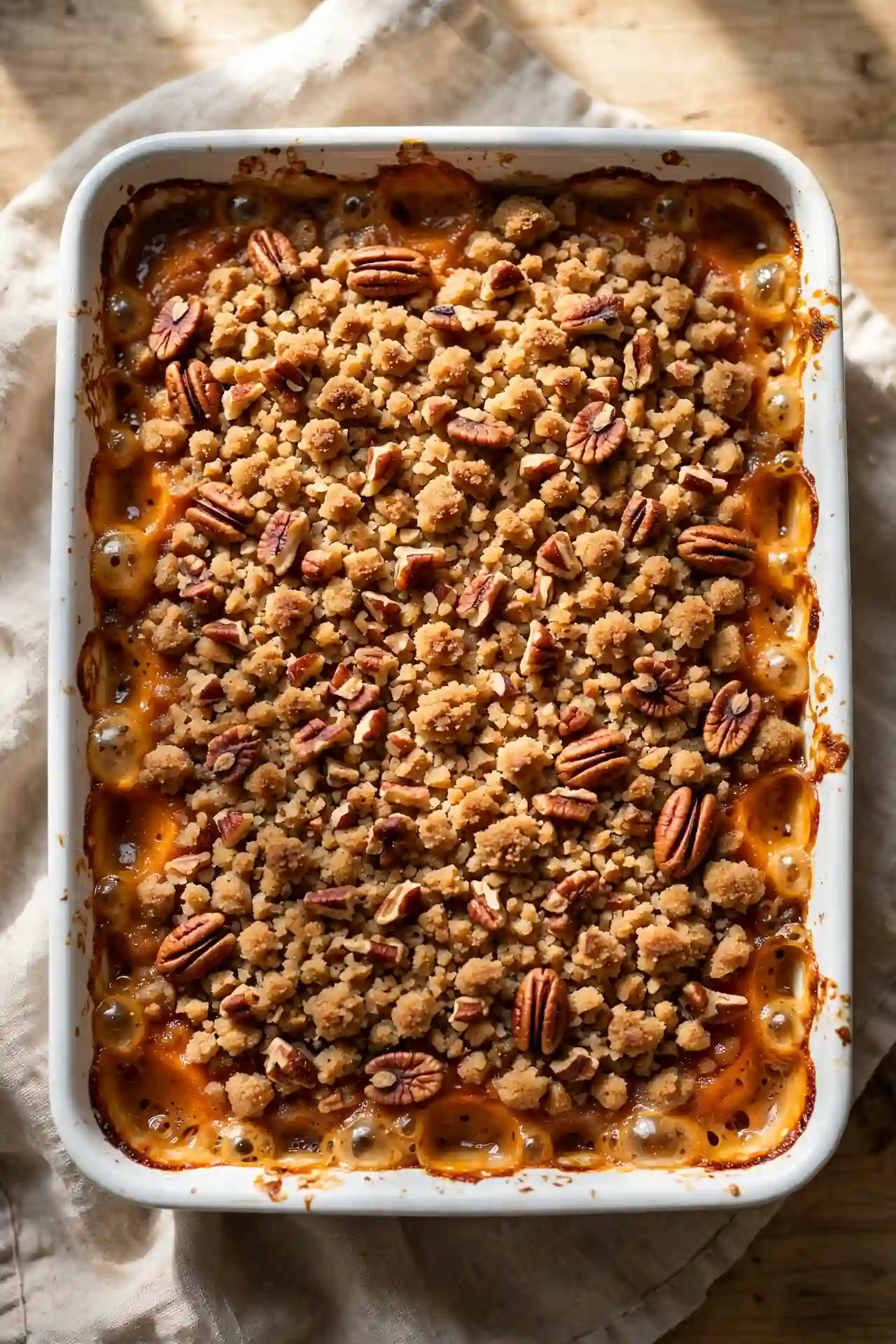 Sweet potato casserole with pecan topping in a white baking dish — classic Thanksgiving sweet potato recipe