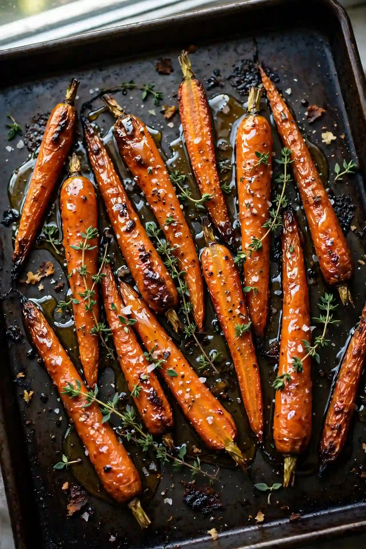 Honey-glazed roasted carrots on a sheet pan — easy Thanksgiving vegetable side dish recipe