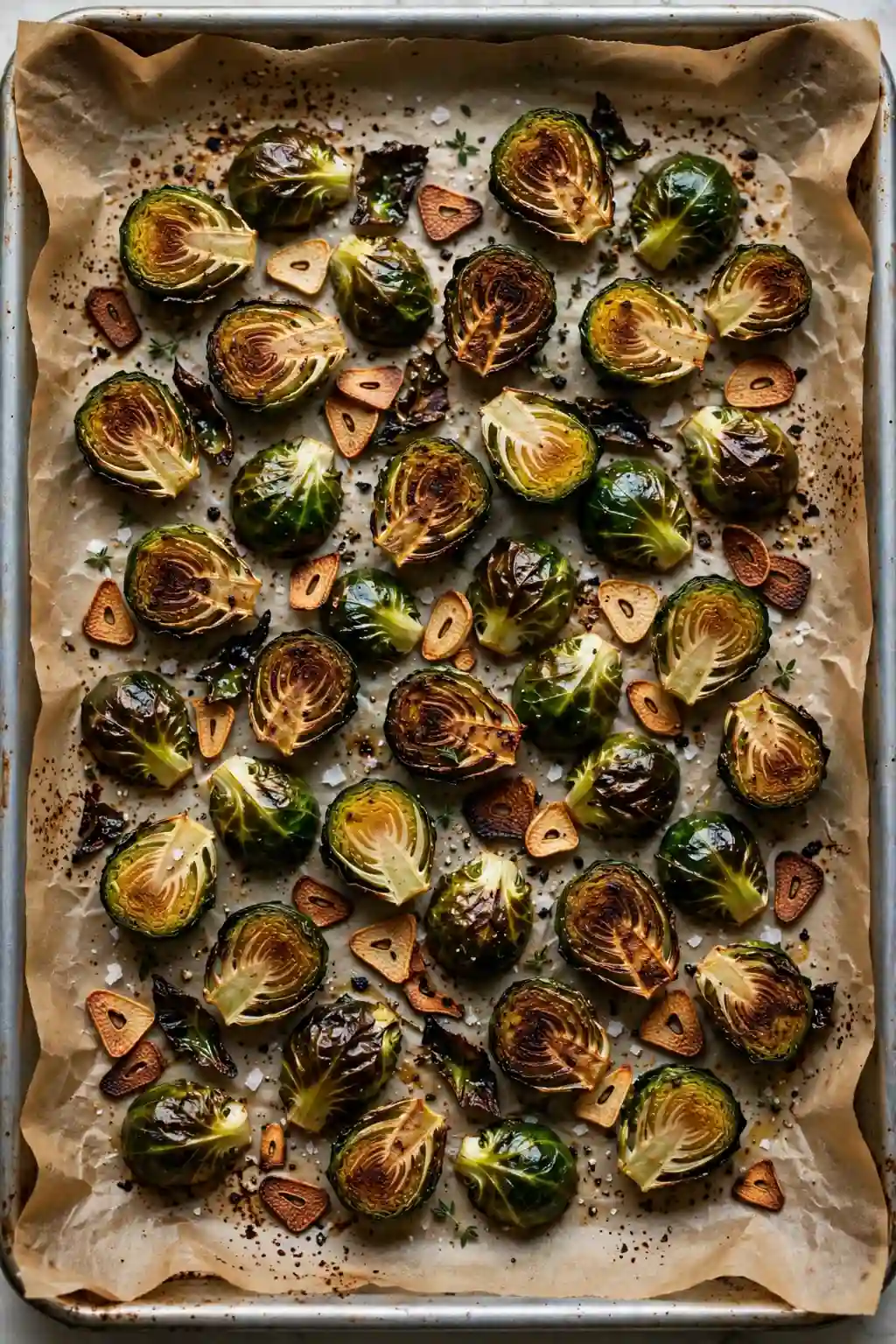 Roasted Brussels sprouts with garlic on a sheet pan — easy Thanksgiving vegetable side dish