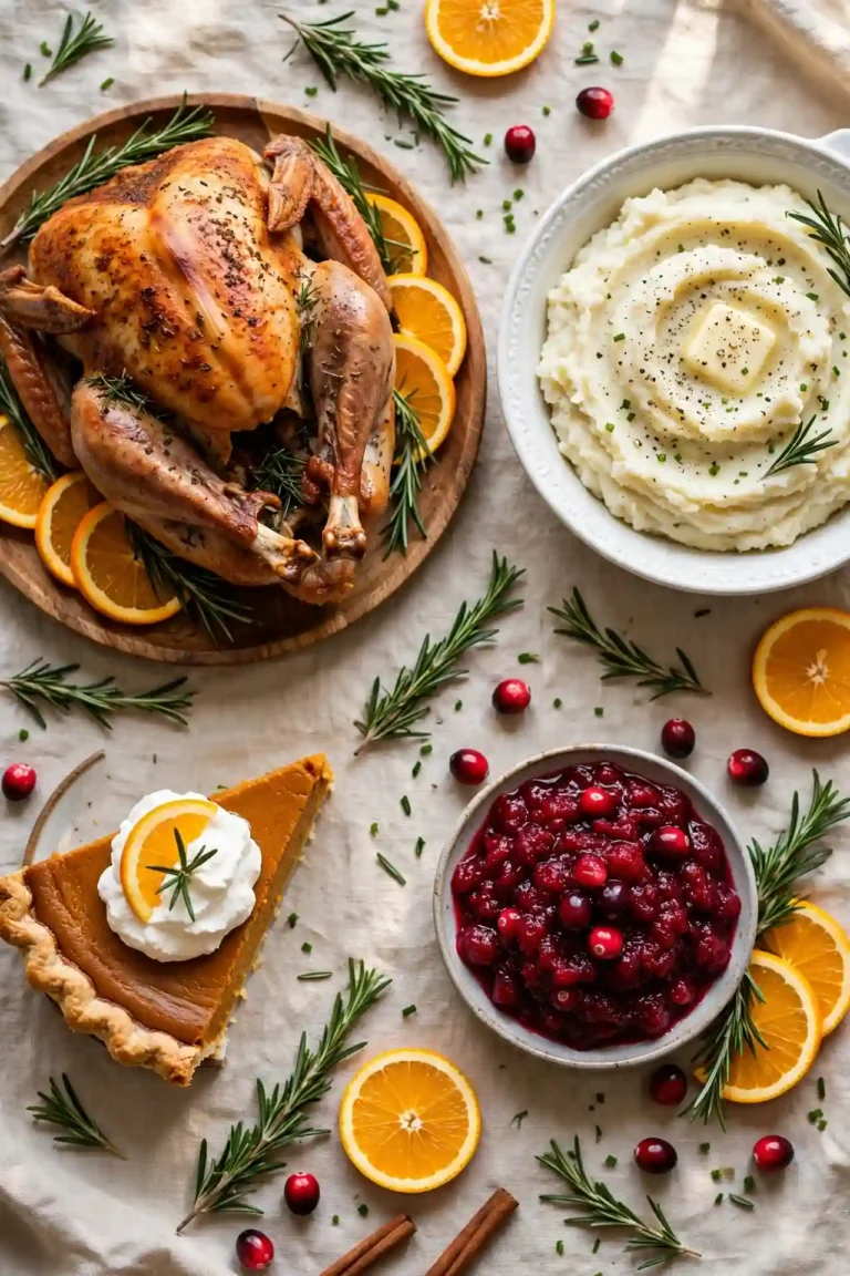 A spread of roast turkey, mashed potatoes, pumpkin pie, and cranberry sauce from this Thanksgiving recipes collection — thanksgiving recipes