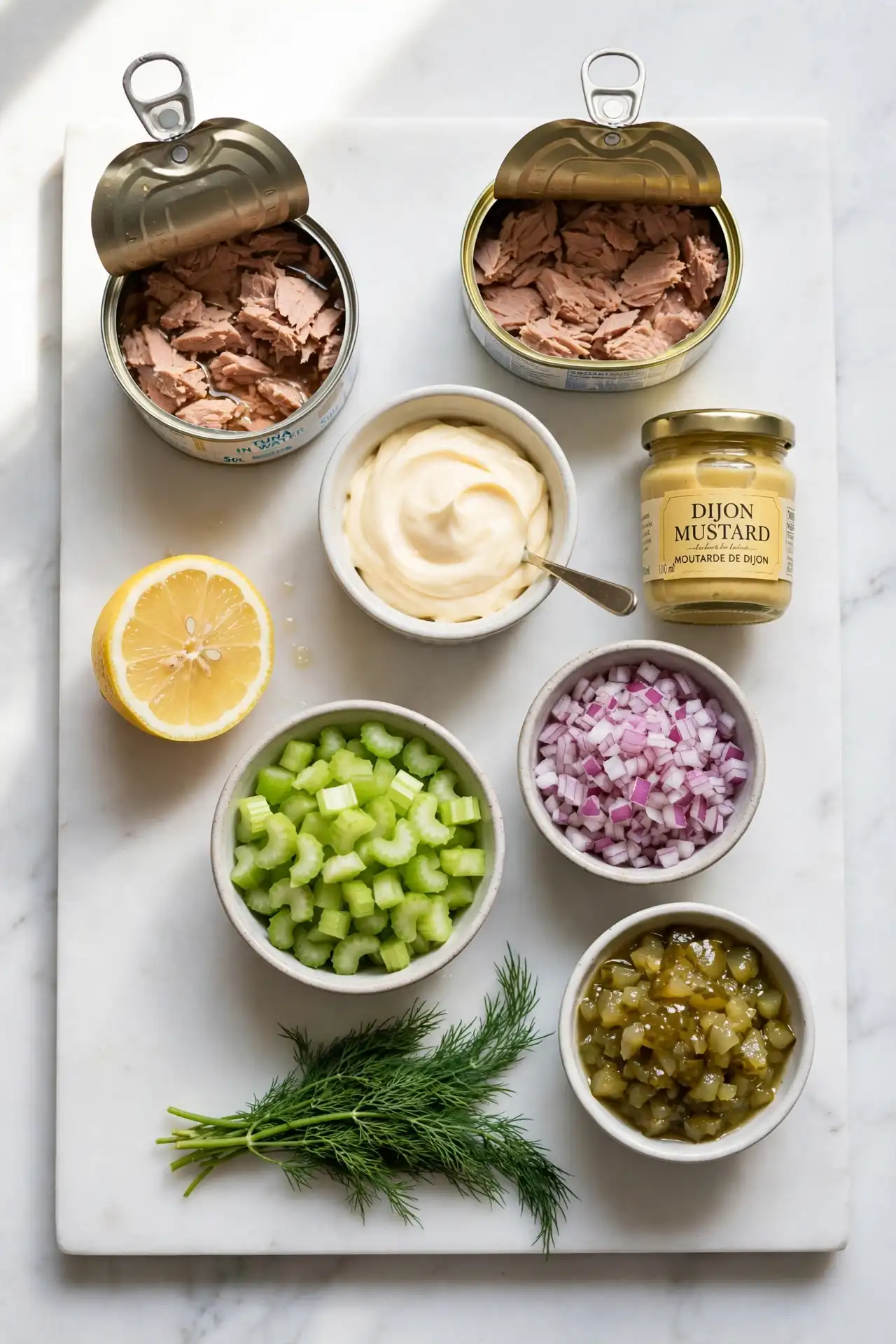 All ingredients for tuna salad arranged in small prep bowls on white marble — tuna salad recipe ingredients