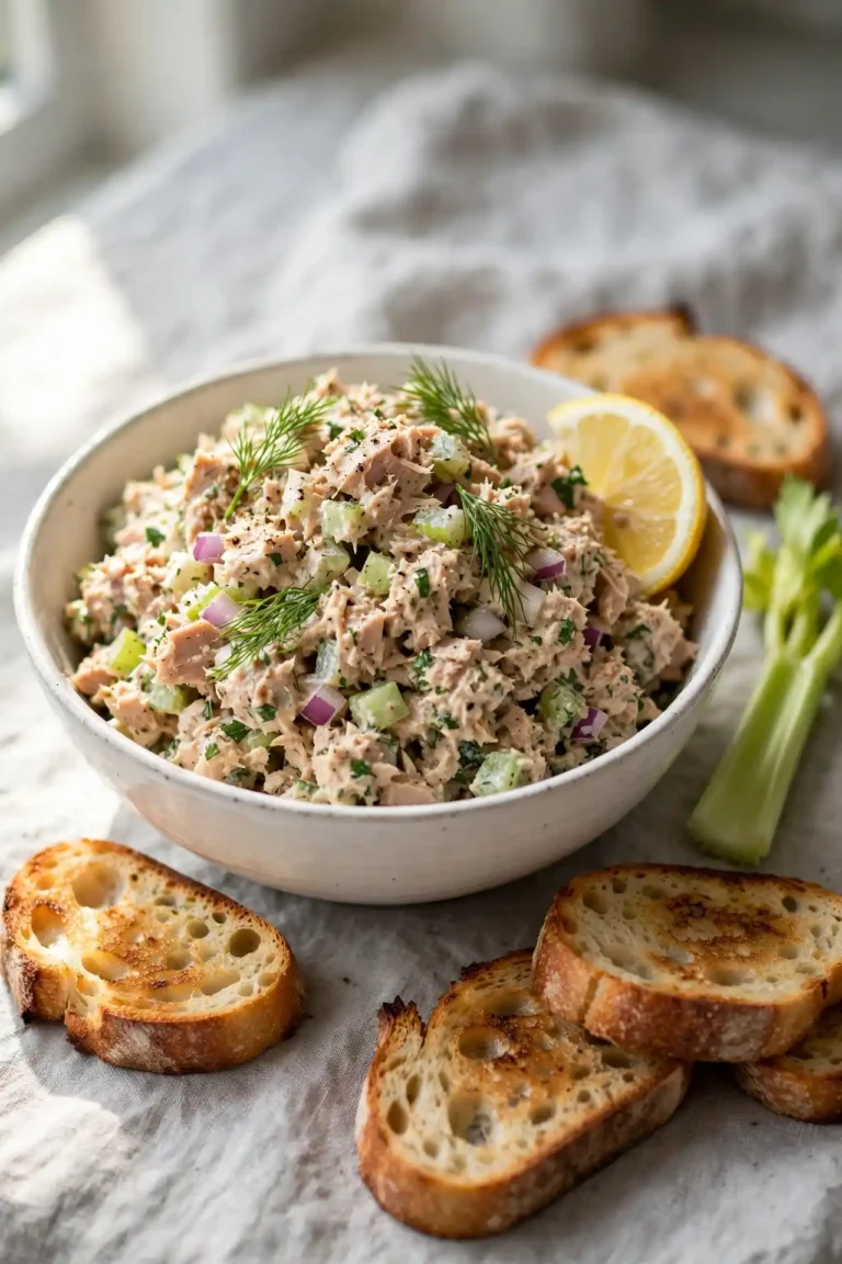 Classic tuna salad in a white ceramic bowl, garnished with fresh dill and a lemon wedge on a gray linen surface — tuna salad recipe