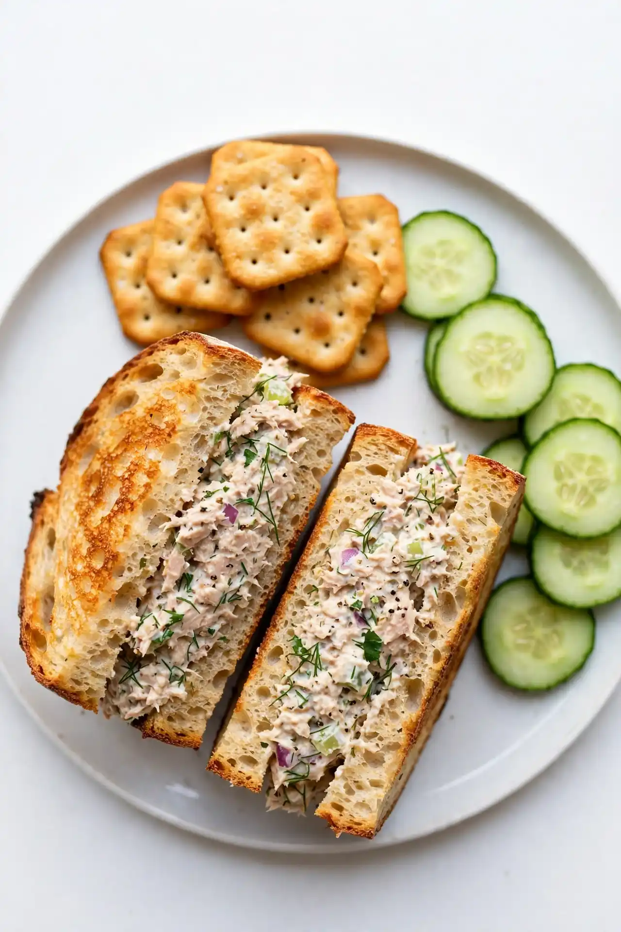 Tuna salad sandwich on toasted sourdough with cucumber and crackers on a white plate — tuna salad recipe serving suggestion