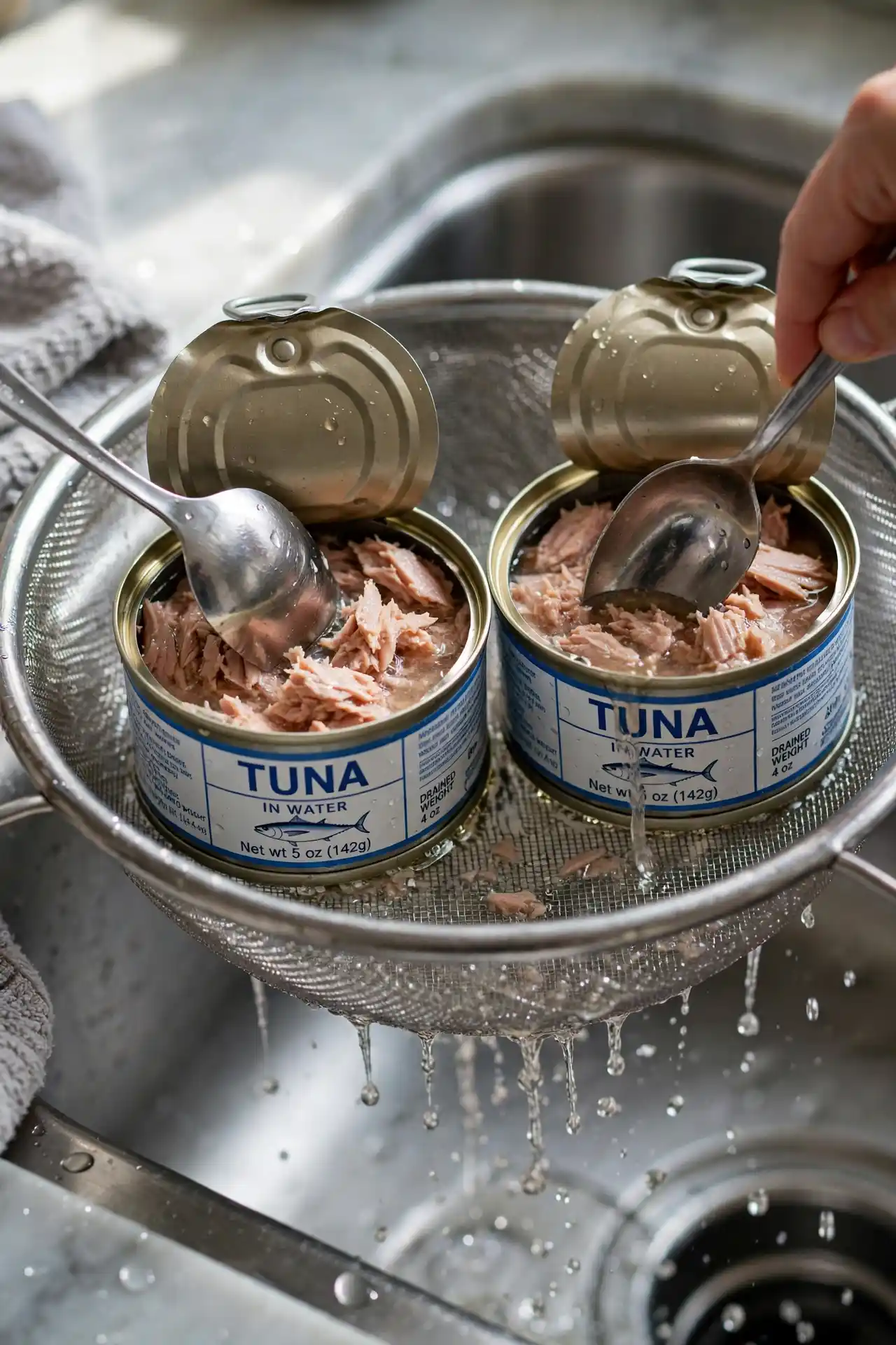 Two tuna cans drained through a fine-mesh sieve over a sink — first step in making tuna salad recipe