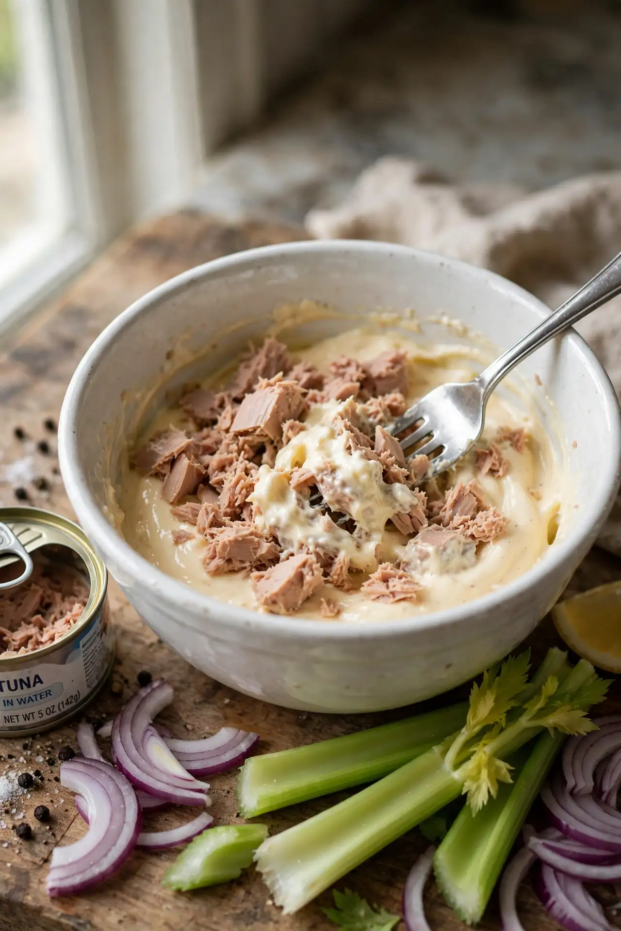 Fork flaking tuna into mayo dressing in a white bowl — mid-step in making tuna salad recipe