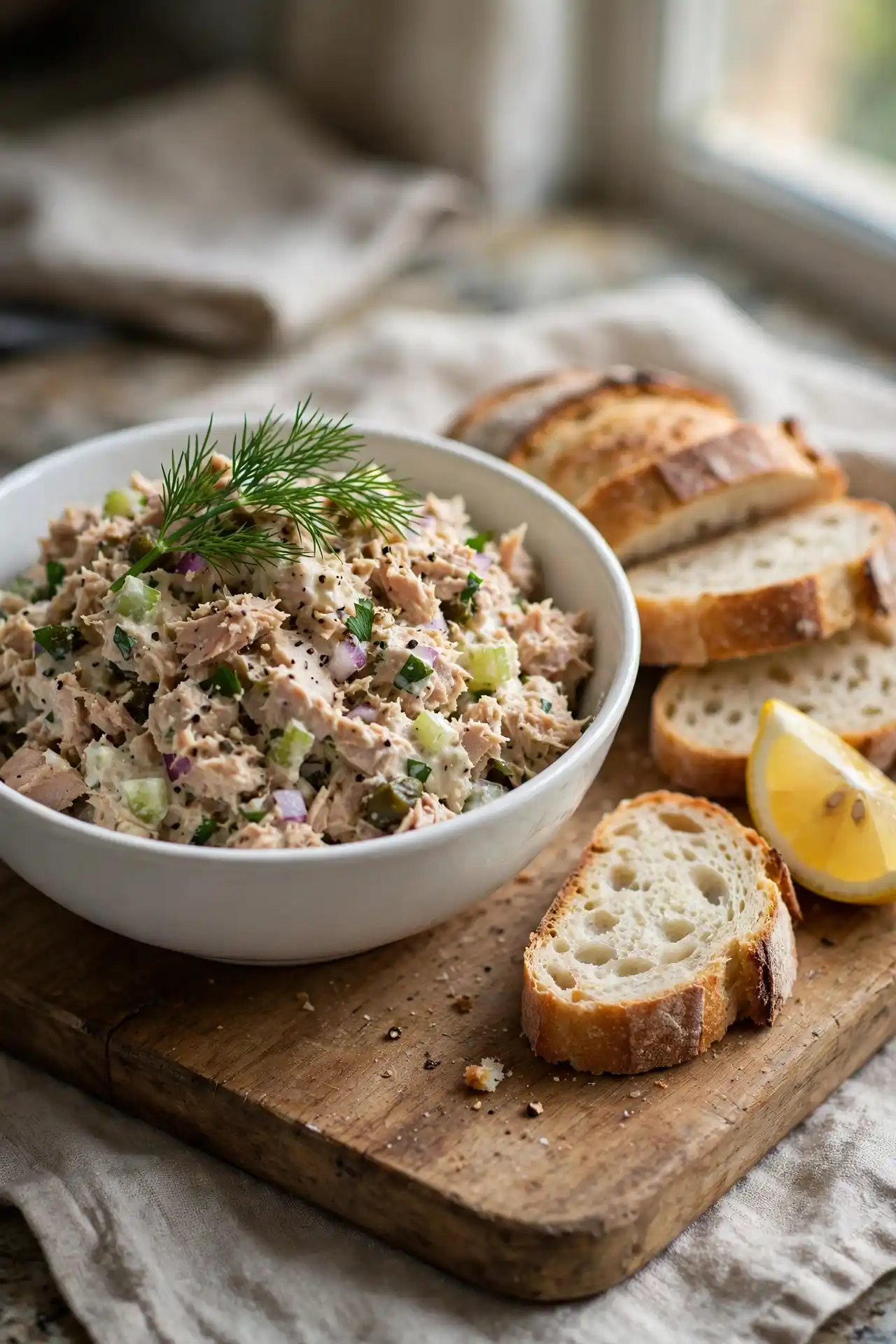 Finished tuna salad in a white ceramic bowl on a wooden board, garnished with fresh dill — tuna salad recipe